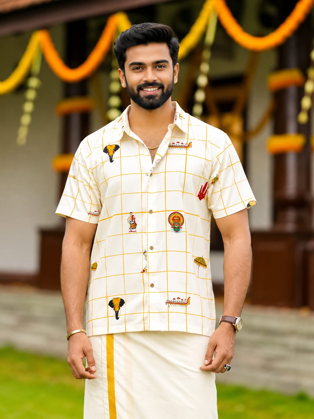 Kerala Onam Cotton Shirt & Gold Kara Mundu Combo Set